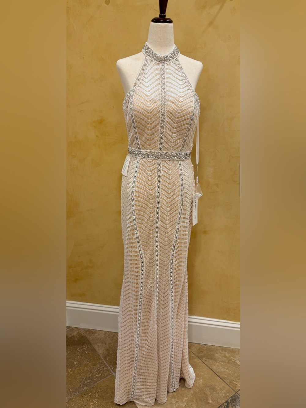 Colors Couture J094 White Nude Beaded Halter Evening Gown NWT Size 8